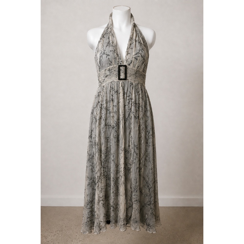 Jonathan Martin Halter Midi Dress Cream Black Floral Buckle Smocked Back Size 12